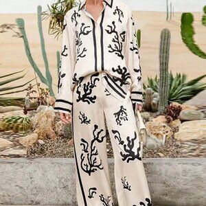 Apricot Casual Women's S Set Front Button Long Sleeve Printed Top And Pants